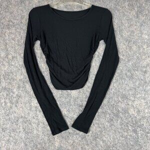 Alo Gather Long Sleeve Top Black Ribbed Sz S XS? Ruched Cropped